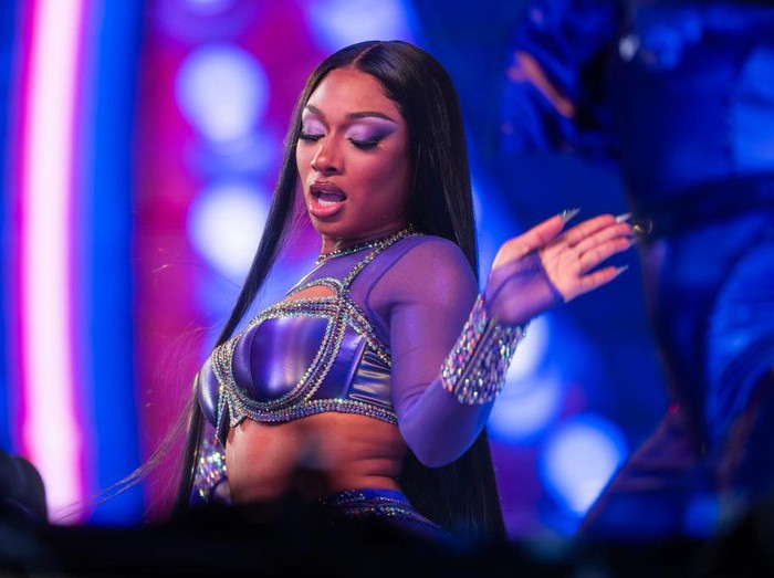 NEW YORK, NEW YORK - DECEMBER 31: Megan Thee Stallion performs during the New Years Eve celebrations in Times Square on December 31, 2023 in New York City. (Photo by Gotham/Getty Images)