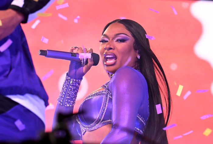 NEW YORK, NEW YORK - DECEMBER 31: Megan Thee Stallion performs during the New Year's Eve celebrations in Times Square on December 31, 2023 in New York City. (Photo by Gotham/Getty Images)