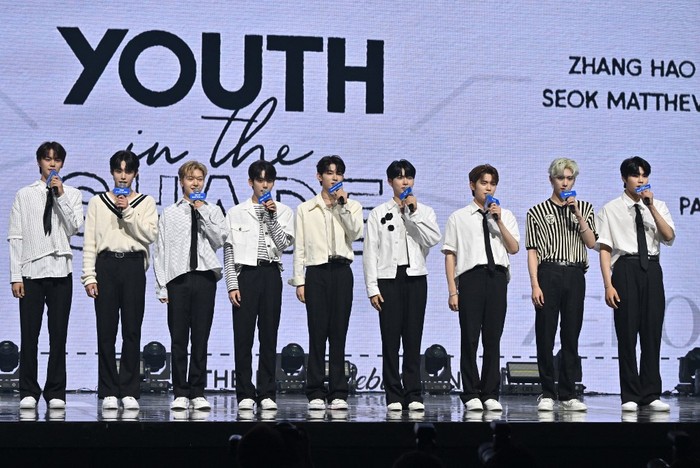 SKOREA-ENTERTAINMENT-MUSIC-KPOP K-pop boy group 'ZEROBASEONE' perform during their debut showcase in Seoul on July 10, 2023. (Photo by JUNG YEON-JE / AFP)