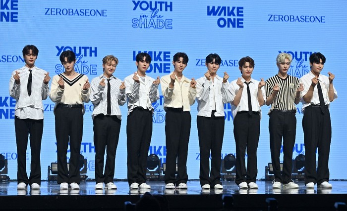 SKOREA-ENTERTAINMENT-MUSIC-KPOP K-pop boy group 'ZEROBASEONE' perform during their debut showcase in Seoul on July 10, 2023. (Photo by JUNG YEON-JE / AFP)