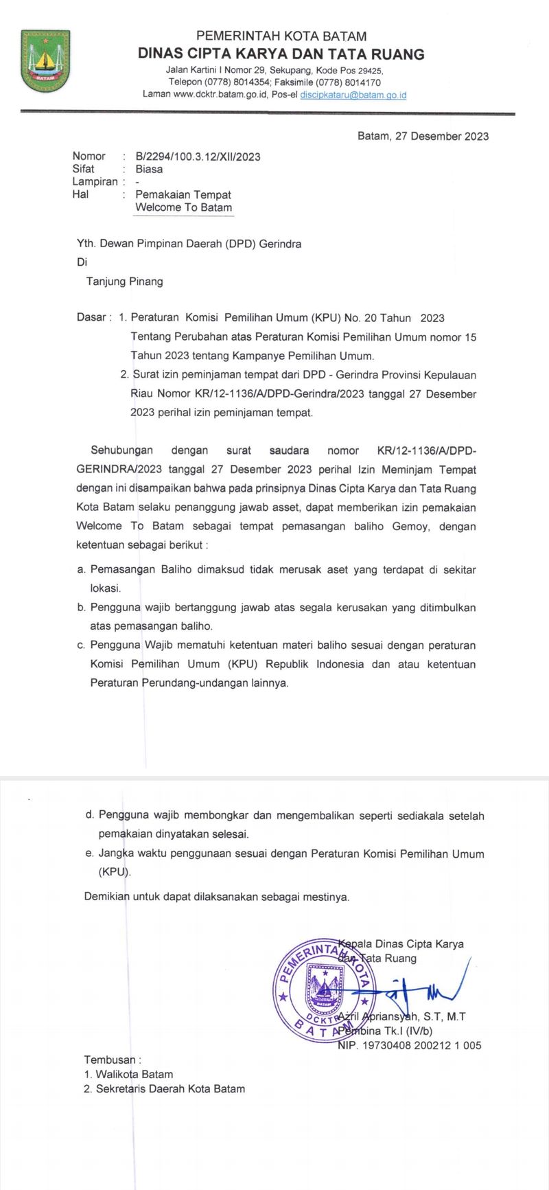Surat izin pemasangan spanduk Parabowo-Gibran di monumen Welcome To Batam. (Istimewa)