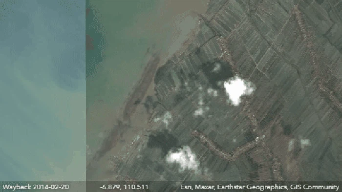 Timelapse citra satelit perairan Kecamatan Sayung, Kabupaten Demak tahun 2014-2023. Diunggah Selasa (2/1/2023).