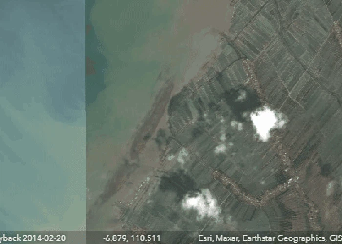 Timelapse citra satelit perairan Kecamatan Sayung, Kabupaten Demak tahun 2014-2023. Diunggah Selasa (2/1/2023).