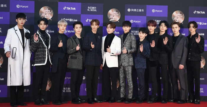 1199371285 SEOUL, SOUTH KOREA - JANUARY 05: SEVENTEEN arrives at the photocall for the 34th Golden Disc Awards on January 05, 2020 in Seoul, South Korea. (Photo by The Chosunilbo JNS/Imazins via Getty Images)