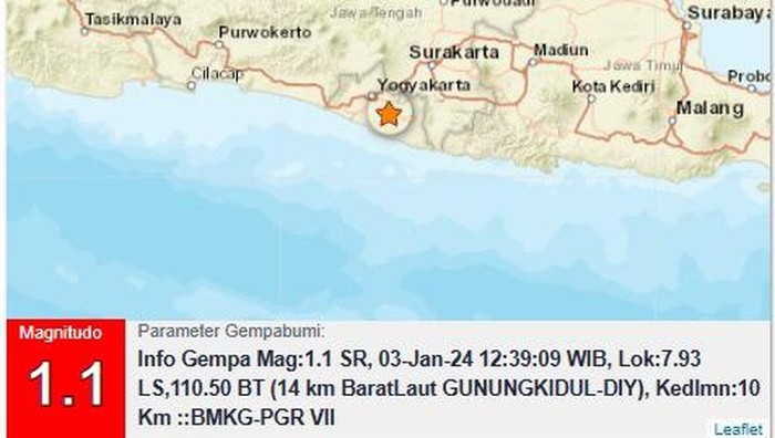 Gempa M 1,1 di Gunungkidul pada Rabu (3/1/2024)