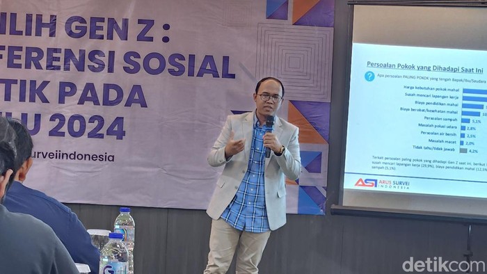 Lembaga Arus Survei Indonesia (ASI) merilis hasil survei terkini soal Pemilu dan Pilpres 2024 di kalangan Gen Z (Adrial/detikcom)