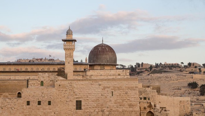 Panorama of Temple Mount - Western Wall and Golden Dome of the Rock in Jerusalem Old City, Israel.