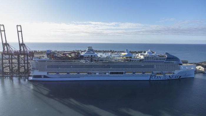 Icon of the Seas cruise ship is docked after arriving in Ponce, Puerto Rico, Tuesday, Jan. 2, 2024, as part of its trial voyage and certification process. (AP Photo/Miguel J. Rodriguez Carrillo)
