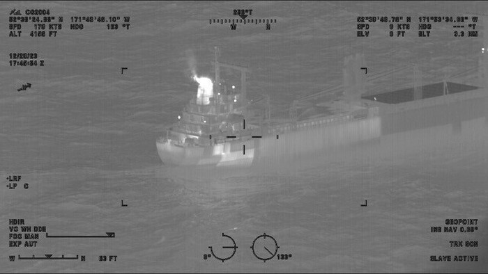 FILE - This image provided by the U.S. Coast Guard shows a reported fire aboard the 410-foot cargo vessel Genius Star XI, approximately 200 miles southwest of Dutch Harbor, Alaska, Dec. 29, 2023. The fire in the large cargo ships hold was out Saturday, Dec. 30, after days of burning, according to the U.S. Coast Guard. (Lt.Cmdr. Michael Salerno/U.S. Coast Guard via AP, File)