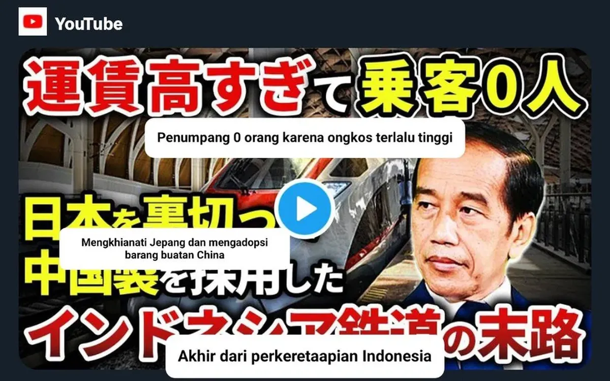 Thumbnail Video YouTube Jepang Soal Kereta Whoosh Sulut Emosi Warganet