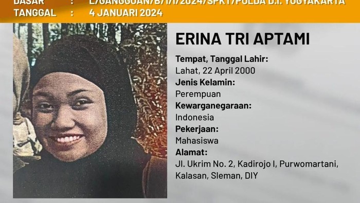 Mahasiswi UII Erina Tri Aptami yang dilaporkan hilang. Foto diunggah Kamis (4/1/2024).