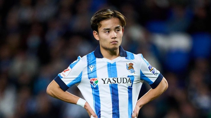 SAN SEBASTIAN, SPAIN - JANUARY 02: Takefusa Kubo of Real Sociedad looks on during the LaLiga EA Sports match between Real Sociedad and Deportivo Alaves at Reale Arena on January 02, 2024 in San Sebastian, Spain. (Photo by Juan Manuel Serrano Arce/Getty Images)