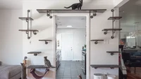 Lain halnya jika kamu punya ruangan terbatas. Kamu bisa bikin area untuk memanjat para kucing di samping pintu. Foto: Haus Panther Via The Spruce