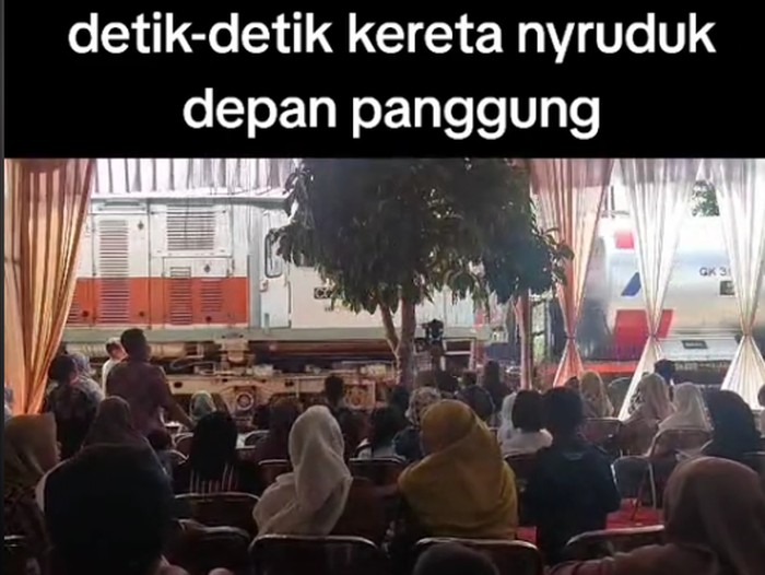 Kereta api tiba-tiba melintas di acara resepsi pernikahan.