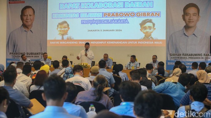 Ratusan organ relawan Prabowo-Gibran Jakarta melakukan Rapat Koordinasi Daerah di DPD Golkar, Jakarta, Jumat (5/1/2024).