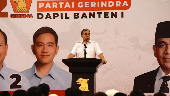 Muzani saat sambutan di konsolidasi kader Gerindra daerah pemilihan (Dapil) Banten I, meliputi Kabupaten Lebak dan Kabupaten Pandeglang, di Banten, Sabtu (6/1/2024).