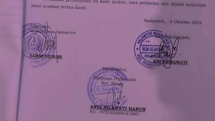 Proposal bantuan motor 3 roda dengan tanda tangan Kepala Desa Samaenre, Kecamatan Bengo, Kabupaten Bone Sulsel Samsuddin dipalsukan.