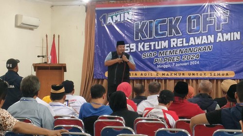 Jubir Timnas AMIN Bestari Barus menghadiri acara Kick Off 959 Ketum Relawan AMIN, Gedung Joang45, Menteng, Jakarta Pusat, Minggu (7/1/2024).