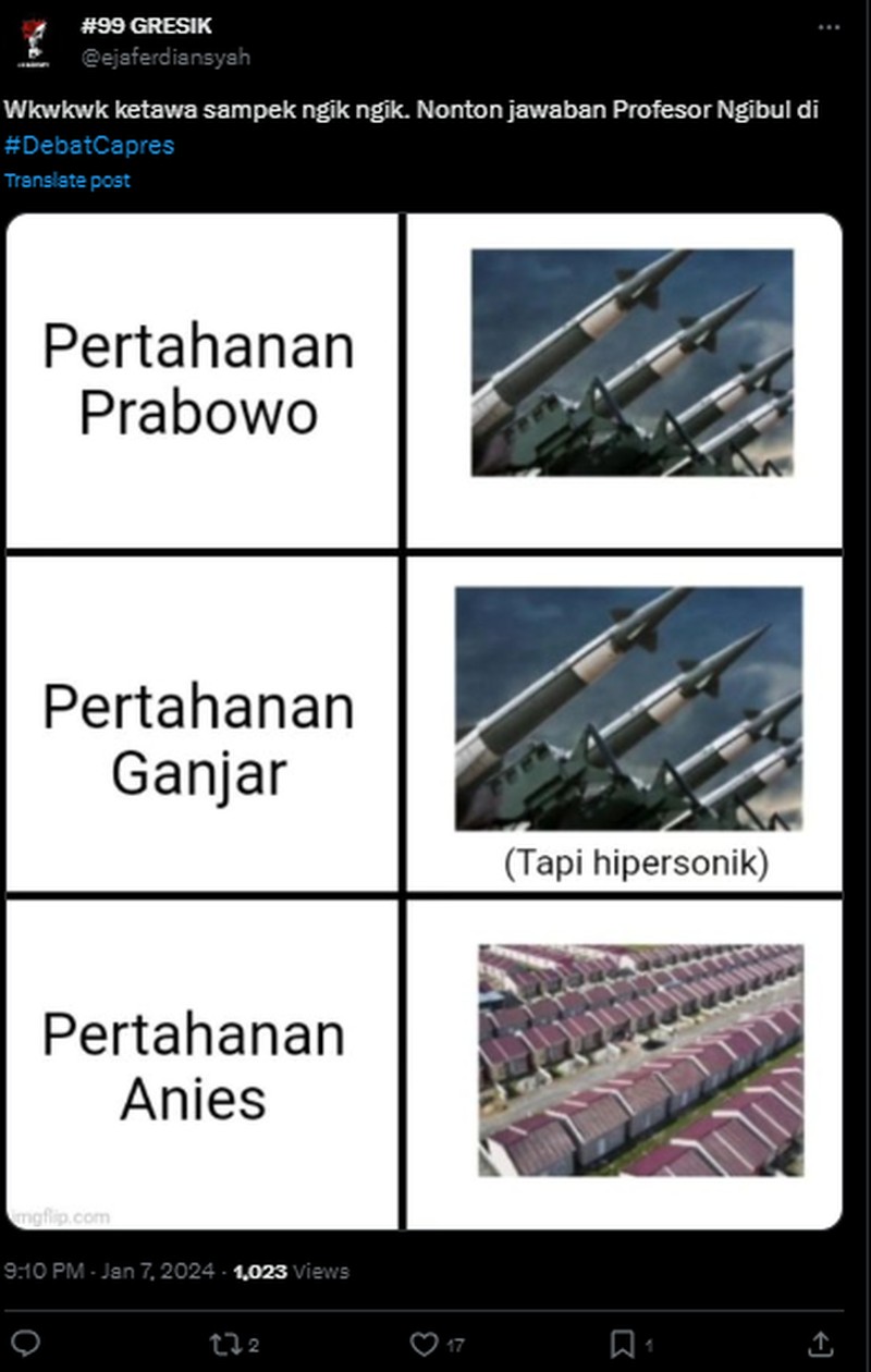 Debat capres Pilpres 2024 sudah digelar hari ini, Minggu (7/1/2023), dari pukul 19.00 WIB di Istora Senayan. Dari situ, banyak meme soal debat yang berlangsung.