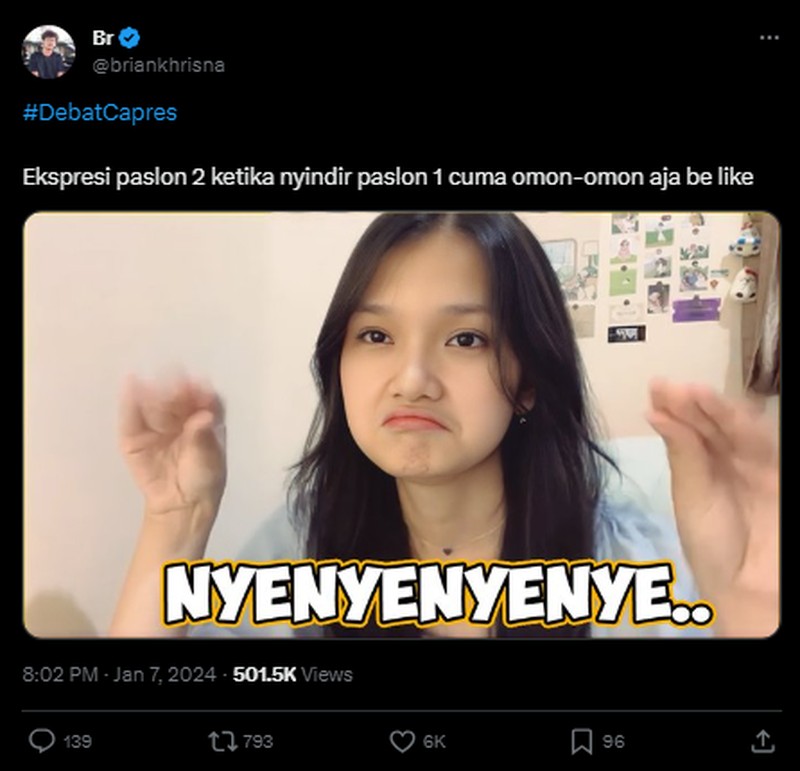 Debat capres Pilpres 2024 sudah digelar hari ini, Minggu (7/1/2023), dari pukul 19.00 WIB di Istora Senayan. Dari situ, banyak meme soal debat yang berlangsung.