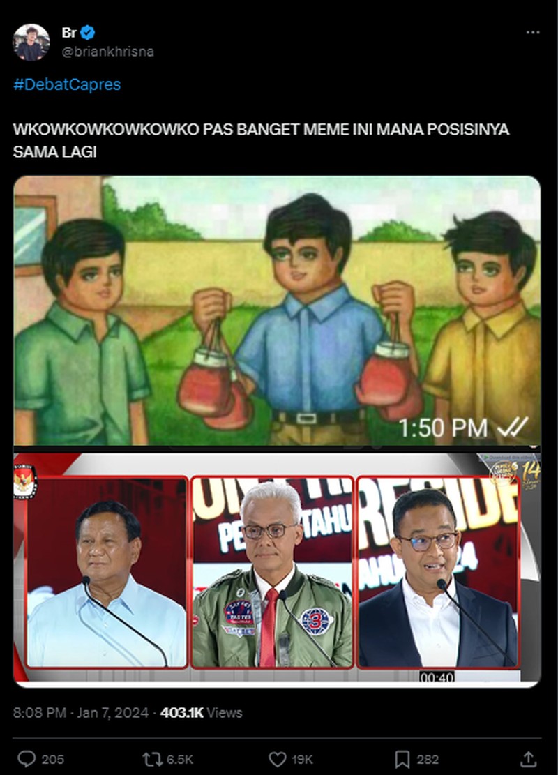 Debat capres Pilpres 2024 sudah digelar hari ini, Minggu (7/1/2023), dari pukul 19.00 WIB di Istora Senayan. Dari situ, banyak meme soal debat yang berlangsung.