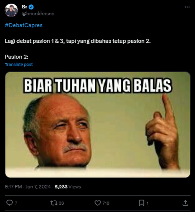 Debat capres Pilpres 2024 sudah digelar hari ini, Minggu (7/1/2023), dari pukul 19.00 WIB di Istora Senayan. Dari situ, banyak meme soal debat yang berlangsung.