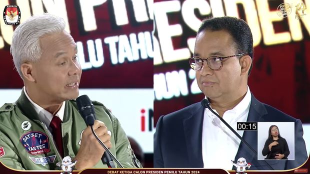 Ganjar Pranowo dan Anies Baswedan saat debat Capres di Jakarta (Tangkapan layar Youtube KPU RI)