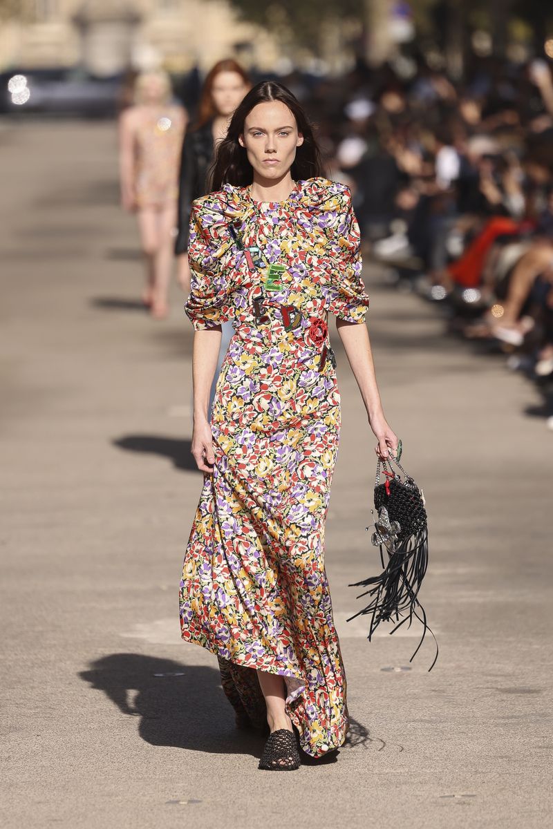 A model wears a creation for the Stella McCartney Spring/Summer 2024 womenswear fashion collection presented Monday, Oct. 2, 2023 in Paris. (AP Photo/Vianney Le Caer)
