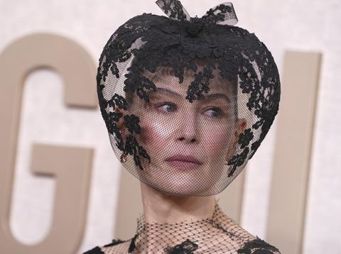 Rosamund Pike arrives at the 81st Golden Globe Awards on Sunday, Jan. 7, 2024, at the Beverly Hilton in Beverly Hills, Calif. (Photo by Jordan Strauss/Invision/AP)