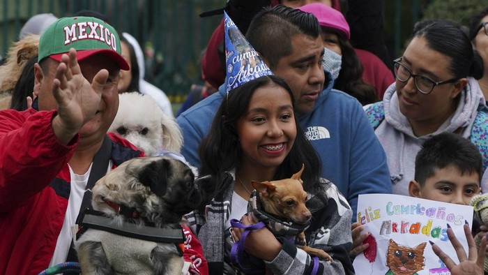 Fans and army trainers celebrate the first birthday of search dog Arkadas, center, in Mexico City, Sunday, Jan. 7, 2024. Arkadas was given to the Mexican Army by Turkey's government after one of their own dogs died on deployment to help in search and rescue efforts in last year's Turkish earthquake. (AP Photo/Fernando Llano)