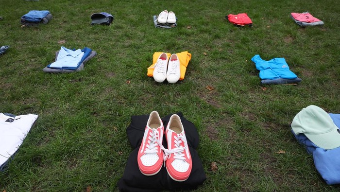 A display of clothing representing individual victims is seen as British actor Idris Elban (not pictured) highlights an anti-knife crime campaign, near the Houses of Parliament in London, Britain, January 8, 2024. REUTERS/Toby Melville