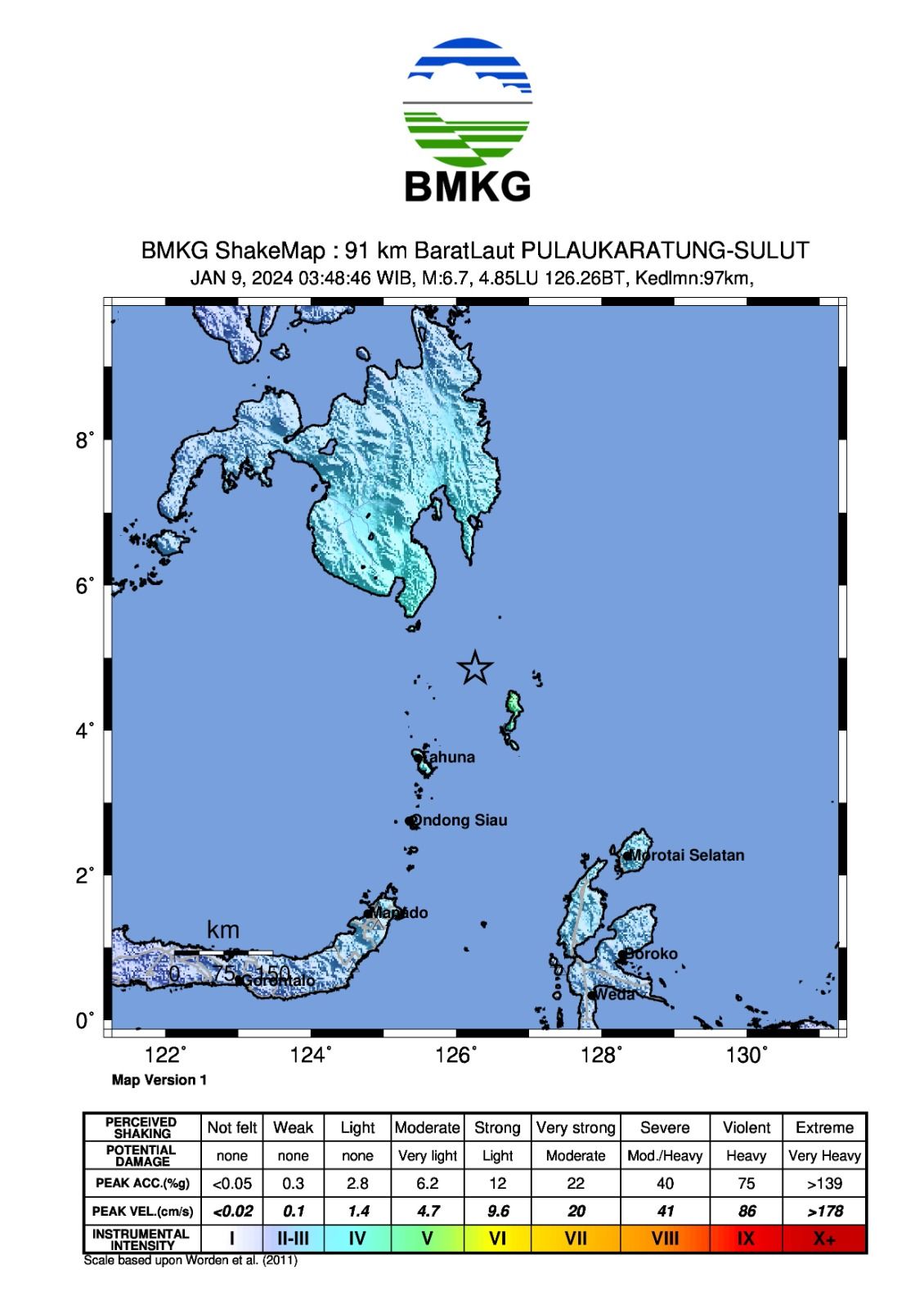 Gempa di Kepulauan Talaud, Sulawesi Utara, 9 Januari 2024. (Dok: BMKG)