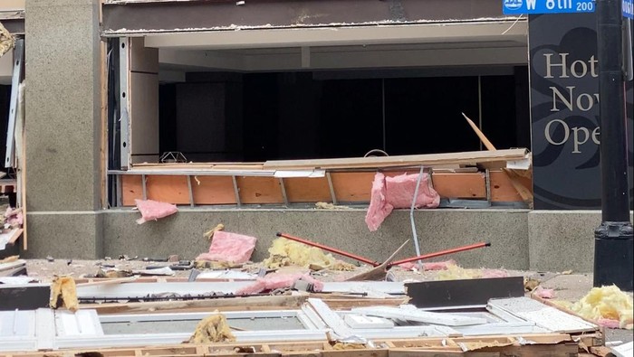 A view of damage and debris following an explosion at the Sandman Hotel in downtown Fort Worth, Texas, U.S. January 8, 2024 in this screen grab obtained from social media video. Charlie Collier/via REUTERS THIS IMAGE HAS BEEN SUPPLIED BY A THIRD PARTY. MANDATORY CREDIT. NO RESALES. NO ARCHIVES