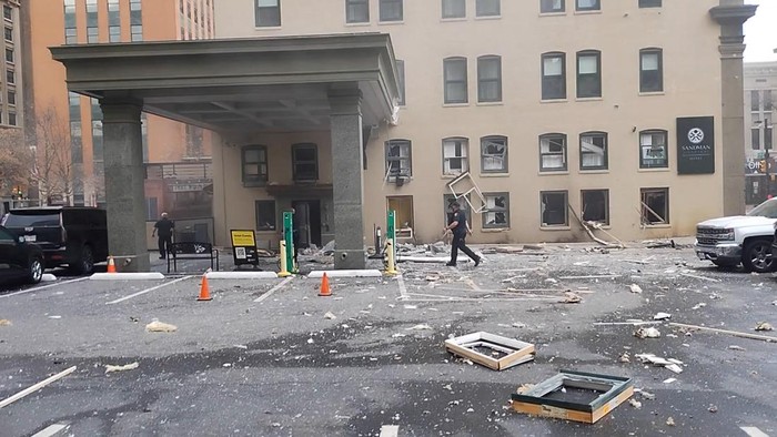 A view of damage and debris as first responders react to an explosion at the Sandman Hotel in downtown Fort Worth, Texas, U.S. January 8, 2024 in this screen grab obtained from social media video. Jordan Bass/via REUTERS  THIS IMAGE HAS BEEN SUPPLIED BY A THIRD PARTY. MANDATORY CREDIT.