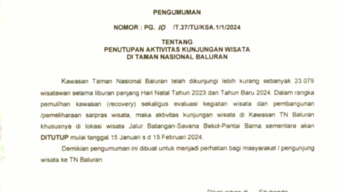 Surat edaran penutupan dan ilustrasi TN Baluran.