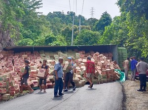 Truk Angkut 15 Ton Mi Instan di Kolut Terguling, Muatan Tumpah-Tutupi Jalan