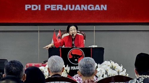 Ketum PDIP Megawati Soekarnoputri di HUT ke-51 PDIP digelar di Sekolah Partai PDIP, Lenteng Agung, Jakarta Selatan, Rabu (10/1/2024).