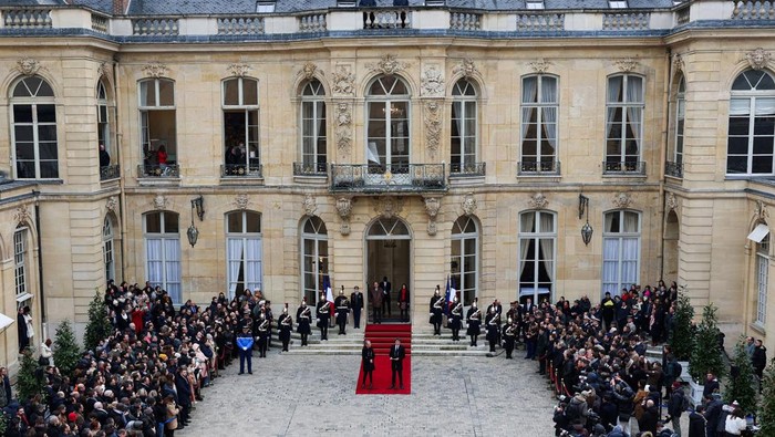 France's newly appointed Prime Minister Gabriel Attal delivers a speech during the handover ceremony with outgoing Prime Minister Elisabeth Borne at the Hotel Matignon in Paris, France, on January 9, 2024. Emmanuel Dunand/Pool via REUTERS
