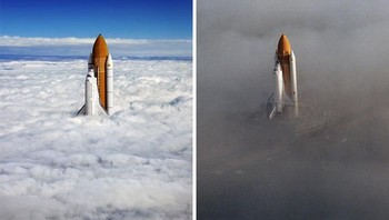 Foto pesawat luar angkasa yang muncul dari awan ini adalah hasil photoshop – tetapi kamu mungkin setuju bahwa aslinya pun terlihat cukup keren. Foto: Boredpanda