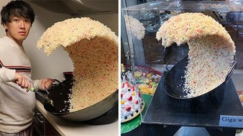 Gambar seorang pria di samping memasak nasi goreng ini menjadi viral dan bahkan memicu beberapa meme lucu . Belakangan ternyata itu palsu dan rice wave tersebut hanyalah patung yang ditemukan di toko makanan palsu di Tokyo. Foto: Boredpanda