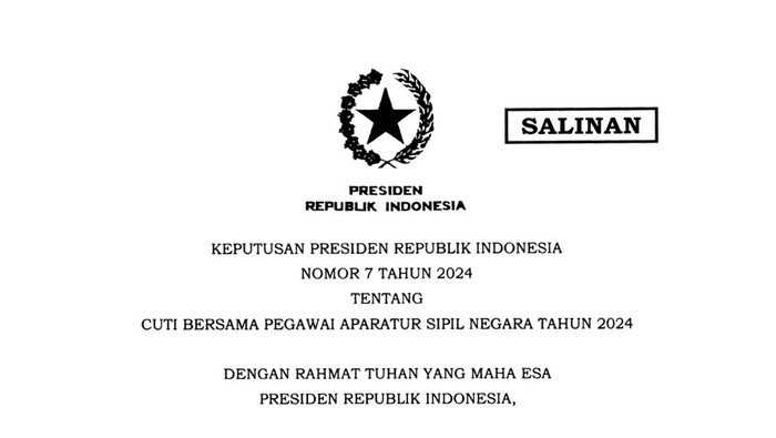 Keppres Nomor 7 Tahun 2024 tentang Cuti Bersama Pegawai ASN Tahun 2024