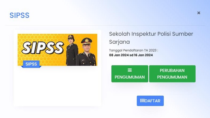 Tampilan depan laman pendaftaran SIPSS Polri 2024.