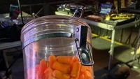 Penutup telinga ini bentuknya mirip seperti snack keju cheese puffs, saking banyaknya orang yang ingin memakannya, wadahnya harus diberi tanda. Foto: Pool/Site