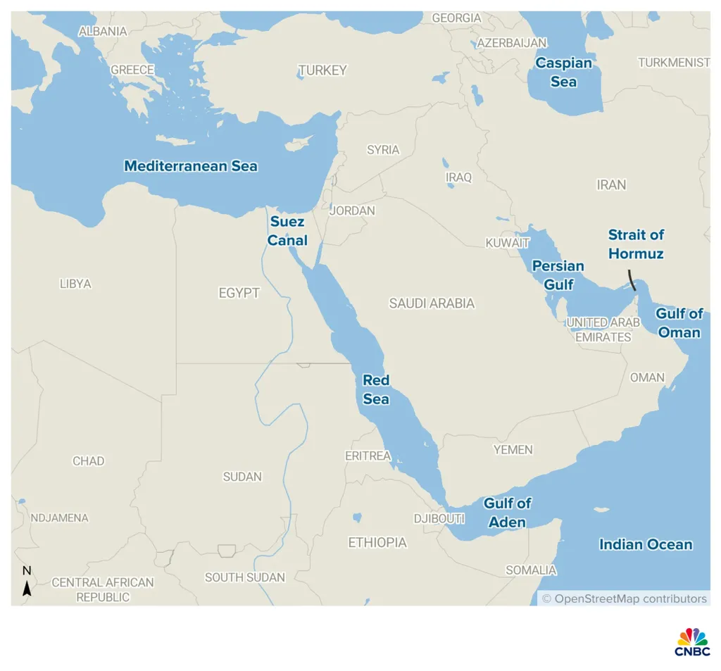Peta selat hormuz laut merah. (Tangkapan Layar/cnbc.com)
