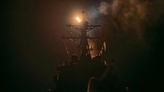 A missile is launched from a warship during the US-led coalition operation against military targets in Yemen from an undisclosed location, January 12, 2024. (Reuters)