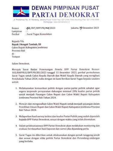 Surat rekomendasi dari DPP Demokrat untuk Bupati Jembrana I Nengah Tamba maju Pilbup 2024.