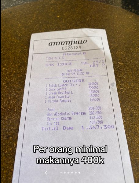 Wanita ini menyantap menu bebek lengkap di Amanjiwo dan membayar Rp 1,4 juta!