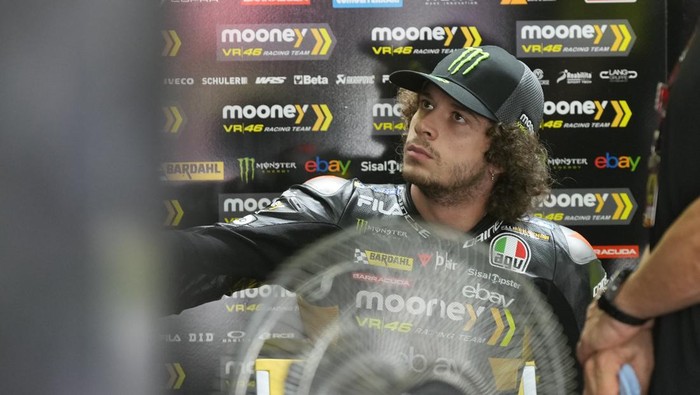 Mooney VR46 Racing Team (Ducati) team Italian rider Marco Bezzecchi gets ready for qualifying round during Moto GP Bharat in Greater Noida, on the outskirts of New Delhi, India Saturday, Sept. 23, 2023. (AP Photo/Manish Swarup)