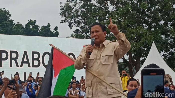 Prabowo Subianto saat memegang bendera Palestina ketika bertemu pendukung dan relawan di Batam (Alamudin Hamapu/detikSumut)