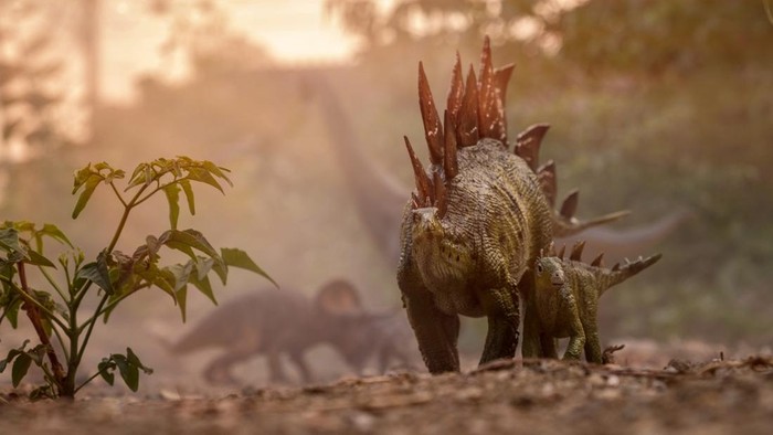 Stegosaurus walking with its child